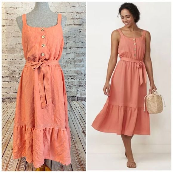 LC Lauren Conrad Dresses & Skirts - LC Lauren Conrad Womens Midi Dress Sleeveless Tiered Button Front Orange Size XL